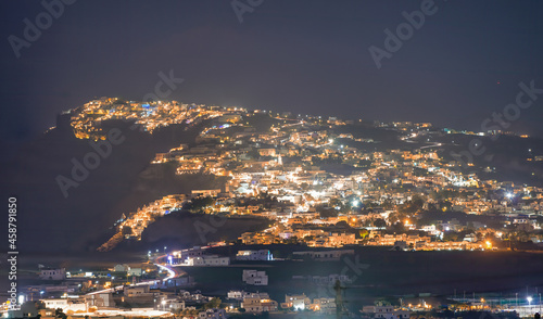 Aerial view of Santorini island coast at night