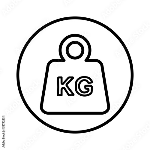 Simple KG weight silhouette icon in the circle, isolated on white background. Raster Dumbbell icon. Flat design. Black silhouette. 