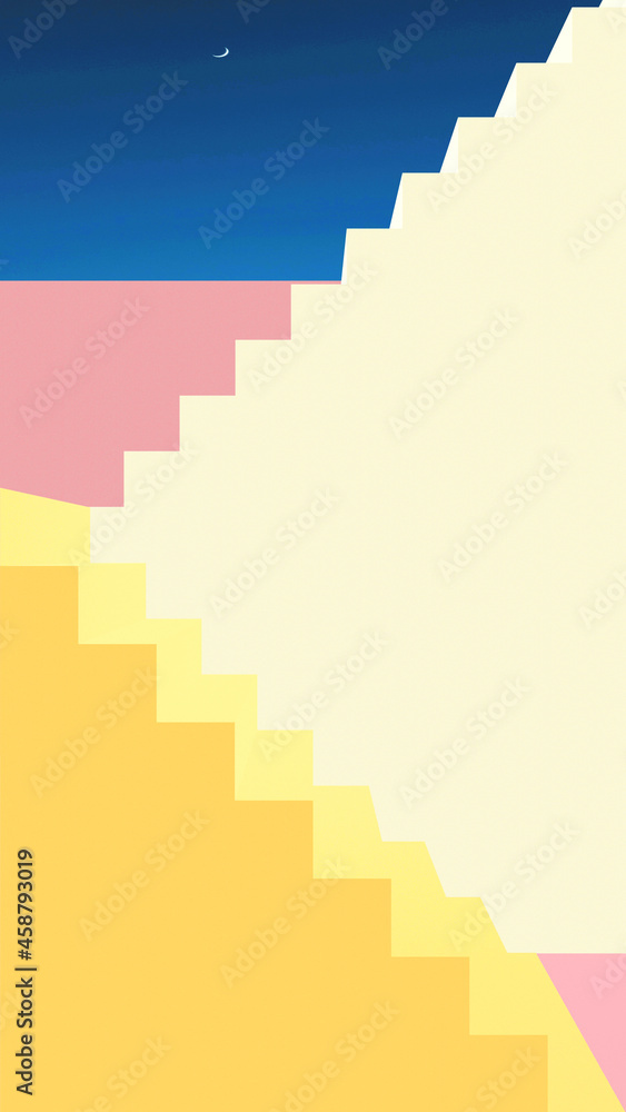 Fototapeta premium Stairs in front of a wall. white blue background with blue sky AND Crescent, 3d rendering.