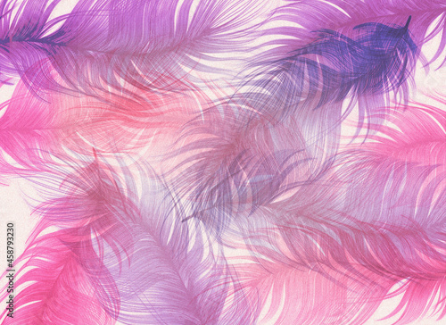 Pióra, tekstura w kolorze różu i fioletu. Grafika cyfrowa do druku na tkaninę, ozdobny papier, tło.