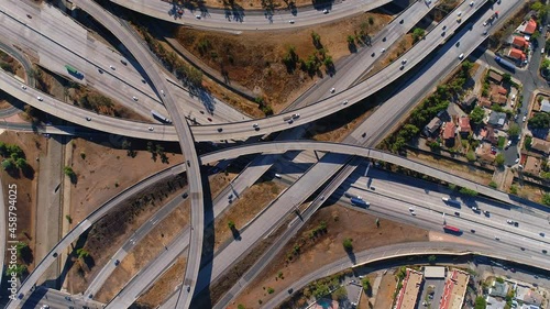 Burbank California Freeway Interchange. Interstate Roads Los Angeles. Busy With Cars And Trucks,  Aerial View Of Traffic Looking Down photo