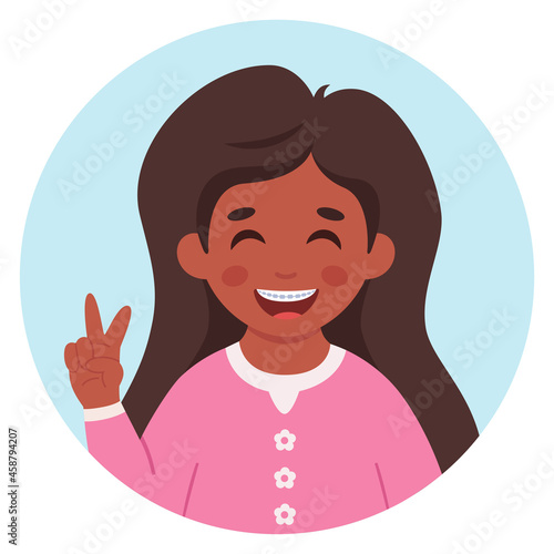 Girl with braces on teeth. Elementary school student. Vector illustration