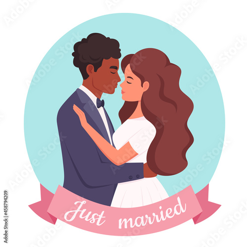 Wedding couple. Man and woman getting married, newlyweds. Wedding portrait. Multicultural family. Vector illustration