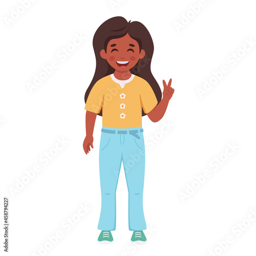 Girl with braces on teeth. Elementary school student. Vector illustration
