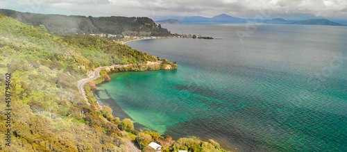 New Zealand Lake Taupo landscape, panoramic aerial view