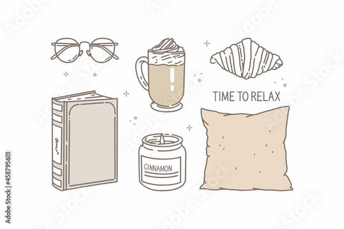Set of vector illustrations. Outline drawing, sketch. Inscription "time to relax". Glasses, book, cappuccino with cream, croissant, candle scented with a cinnamon, pillow. Weekend, calm and comfort.