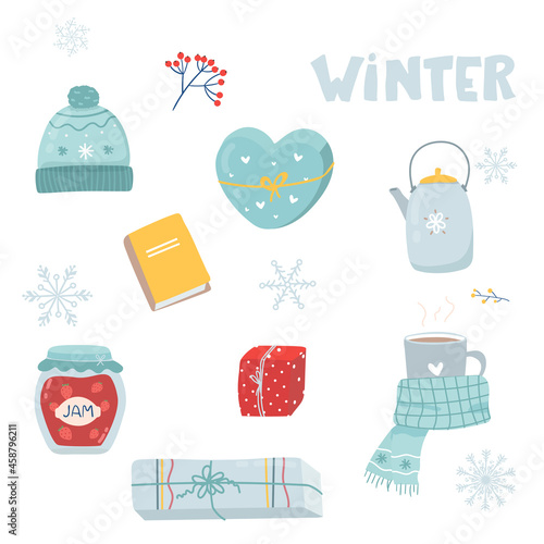 Winter. Cozy winter clothes. A set of winter cute things. Isolated vector illustration. Teapot, jam, book scarf cup, gifts vector on white flat cartoon