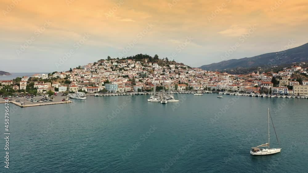 Aerial view of Poros old town and marina or seaport, Greece - drone videography Aerial view of Poros old town and marina or seaport, Greece - drone videography
