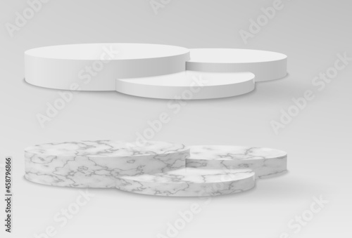 Realistic marble and white pedestals or podium, abstract geometric empty museum stages