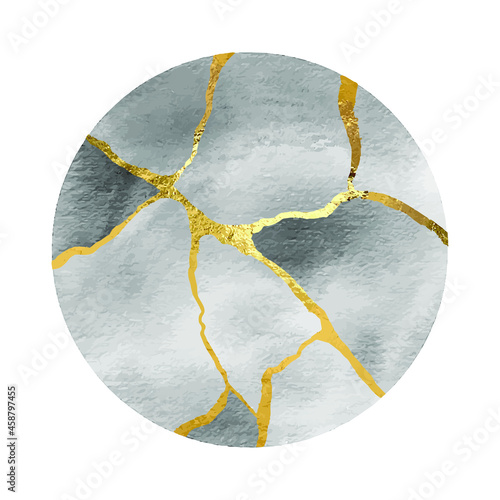 Golden kintsugi design round background. Dye splash style. Abstract elegant pattern. Acrylic fluid art. Line art. photo