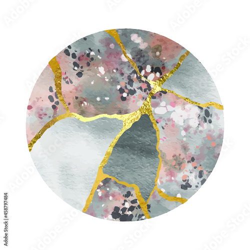 Golden kintsugi design round background. Dye splash style. Abstract elegant pattern. Acrylic fluid art. Line art.