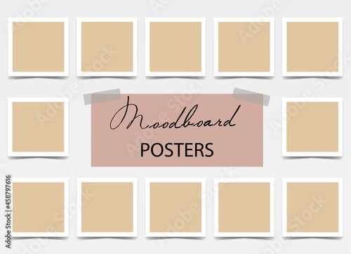 Set of beige square photo cards  with white border. Mockup for presentation, portfolio, photo album, holiday date. Mood board Blank template. 12 empty photo frames with shadows. Vector realistic.