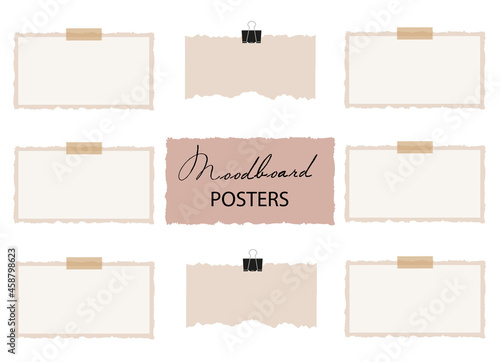 Mood board template composition with pieces of torn paper on binder  clips and sticky tape. Mockup for presentation and modern design. 8 empty notes. Vector 3d realistic. EPS10.