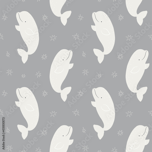 Cute cartoon beluga whales, stars, winter seamless pattern on gray background. Hand drawn vector illustration. Arctic wildlife. Design concept for kids textile, fashion print, wallpaper, packaging.