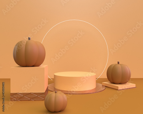 3d  Halloween scene with product podium on orange background. Pumpkins stage with display podium. Autumn 3d design template for banner  advertisement mockup for Halloween or Thanksgiving