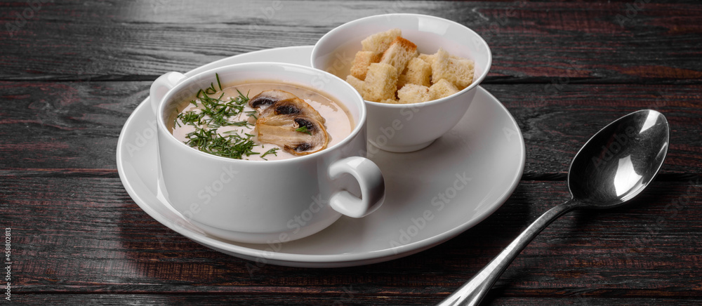 Cream of mushroom soup. Home-made with whole and sliced mushrooms