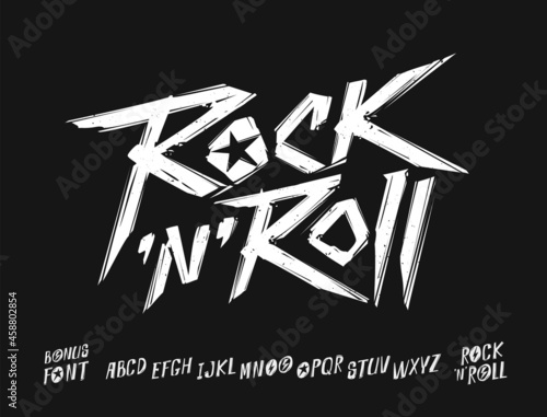 Rock n roll grunge style type font and poster vector template. Set of Rock'n'roll music logo and vintage style font alphabet for print stump tee and poster design. Rock music hand drawn lettering photo