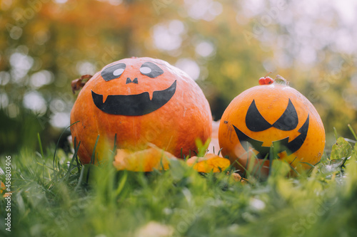 Jackie's Halloween pumpkin is lying on the grass . An article about Halloween. An orange pumpkin with a face. Halloween photo