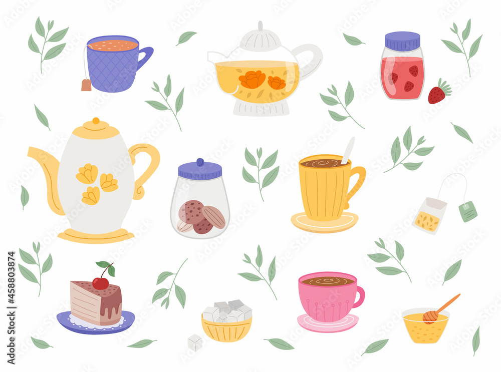 Cute tea set with cups, pots and sweets. Cute tea set with cups, pots and sweets.