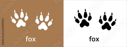 Fox paw print trail icon. Cat or dog foot print track icons vector set. Black and white. Isolated vector illustration. Paw silhouette.