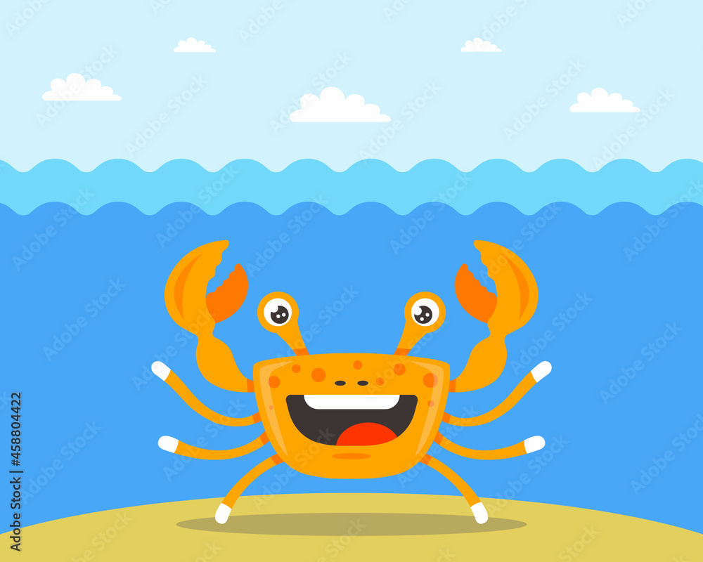 cheerful orange crab under sea water. flat character vector illustration