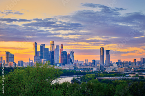 Urban landscape panorama of Moscow with Moscow-city downtown business center with tall buildings in sunset. Moscow. Russia.