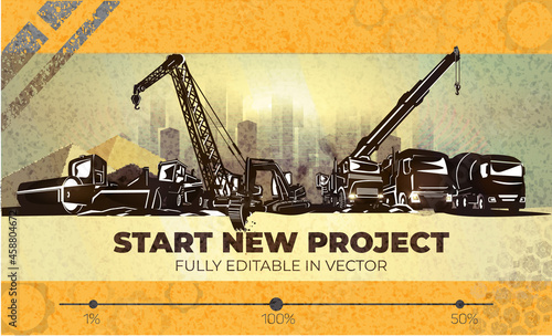 Various types of heavy construction equipment site in the city.