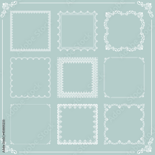 Vintage set of elements. Different square white elements for decoration and design frames, cards, menus, backgrounds and monograms. Classic patterns. Set of vintage patterns