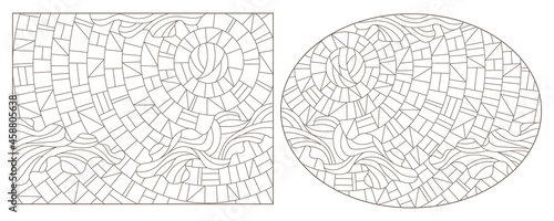 A set of contour illustrations in the style of a stained glass window with an abstract sky, dark contours on a white background