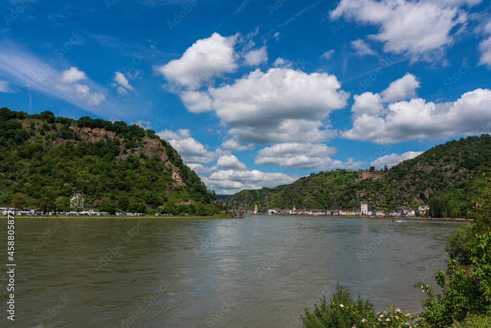 Panoramic view of Loreley rocks and Katz Castle on the Rhine in Germany.