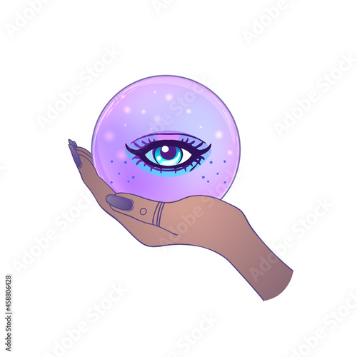 Female hand holding Magic Crystal Ball with all seeing eye inside isolated on...