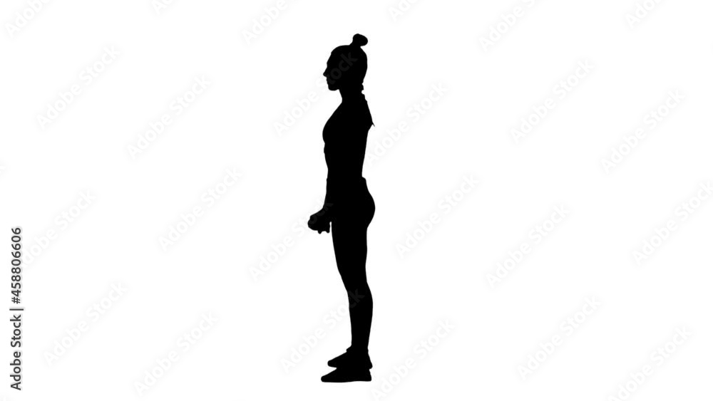 Black silhouette of young woman in sportswear does exercises, squats with bar. Workout for legs and arms, fitness for women. Side view full length on white background. Slow motion ready 59.94fps. Black silhouette of young woman in sportswear does exercises, squats with bar. Workout for legs and arms, fitness for women. Side view full length on white background. Slow motion ready 59.94fps.