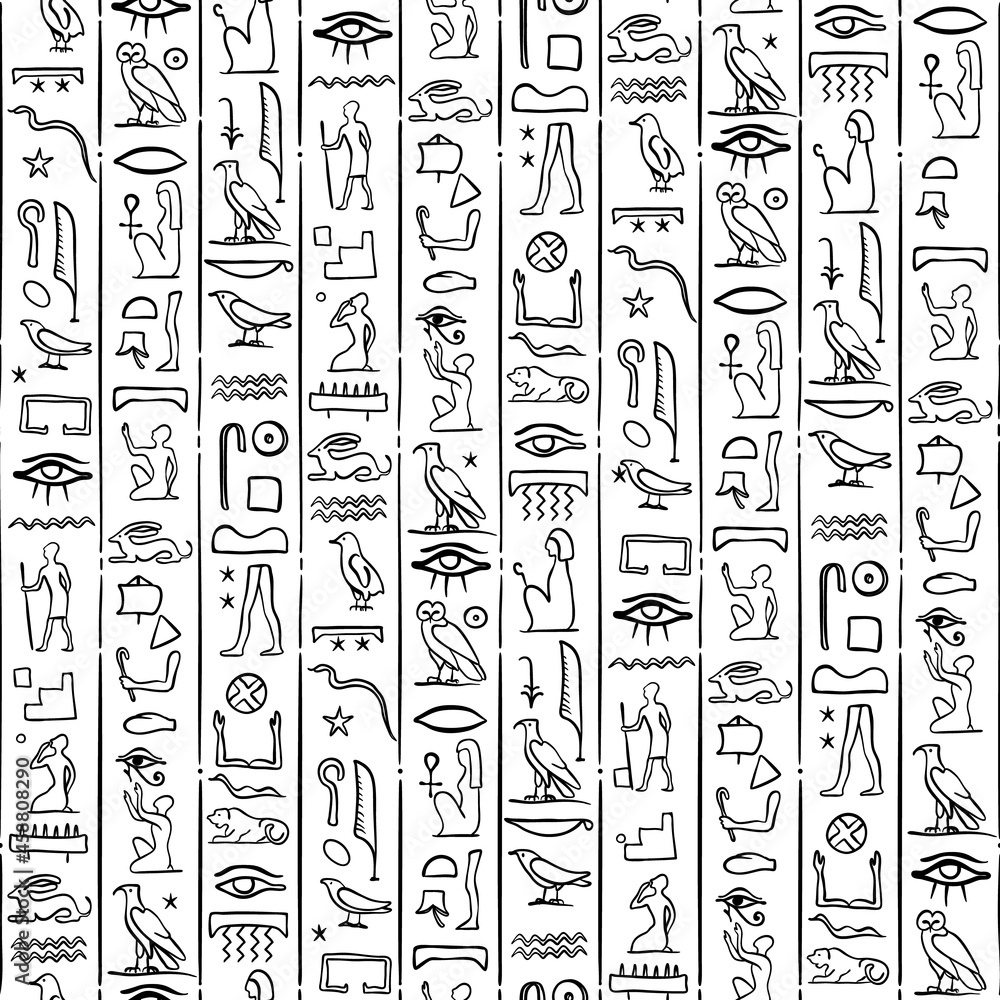 Ancient Egypt. Vintage seamless pattern with Egyptian hieroglyph symbols. Retro hand drawn vector repeating illustration. - obrazy, fototapety, plakaty 