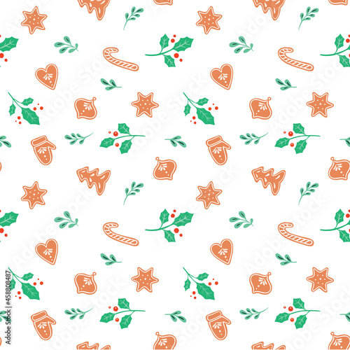 Vector gingerbread cookies and holly leaves seamless pattern. Christmas background for wrapping paper, scrapbooking, wallpaper, fabric
