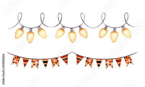 Two hand drawn watercolor garlands on white background isolated. Festive elements.