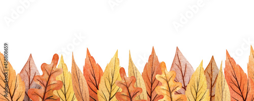 Watercolor saemless border. Autumn hand drawn endless pattern. Orange, brown, yellow, red autumn leaves. Nice season border.