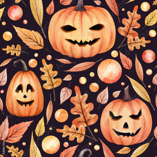 Hand drawn endless texture. Halloween watercolor saemless pattern. Orange pumpkins, autumn leaves and another elements. Nice festive wallpaper for your design. photo