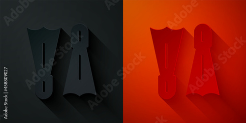 Paper cut Rubber flippers for swimming icon isolated on black and red background. Diving equipment. Extreme sport. Diving underwater equipment. Paper art style. Vector