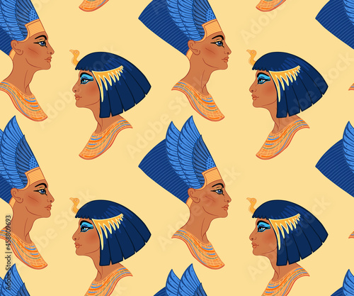 Egyptian Beauty queens Cleopatra and Nefertiti. Seamless pattern. Queen of Egypt, one of the most famous women in history. Illustration in vector.