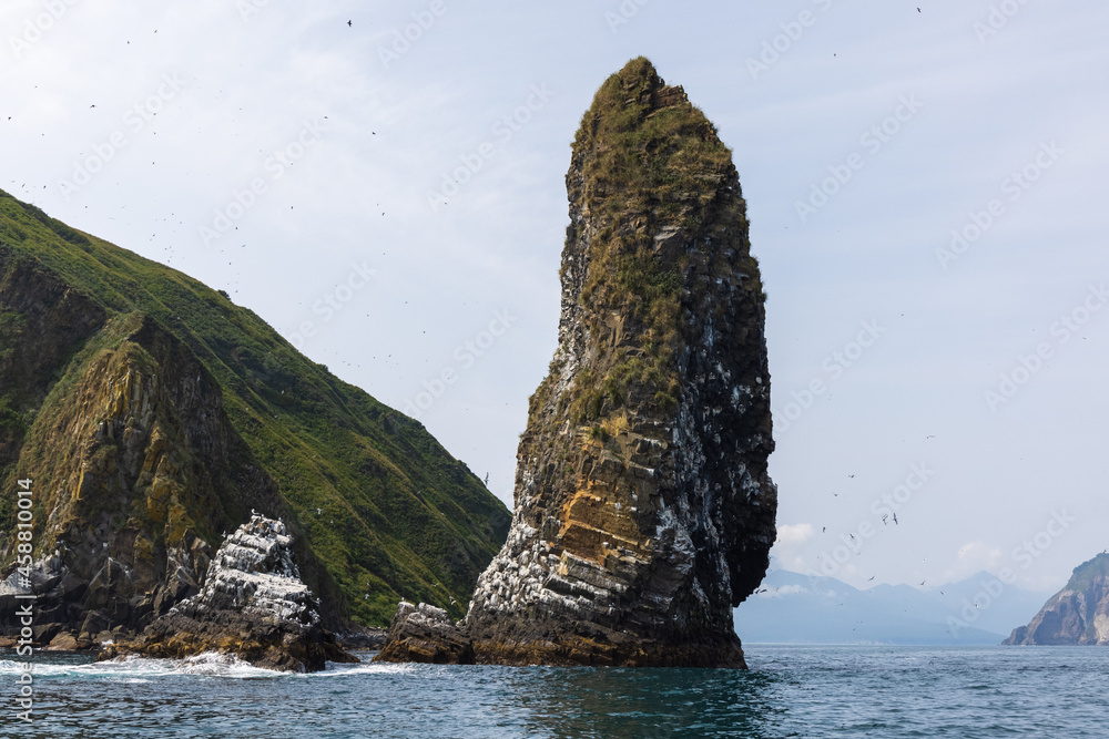 There is a high cliff in the Pacific Ocean near the coast of Kamchatka.