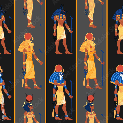 Ancient Egypt. Vintage seamless pattern with Egyptian gods. Retro hand drawn vector repeating illustration. Ra, Isis, Anubis, Sekhtmet.