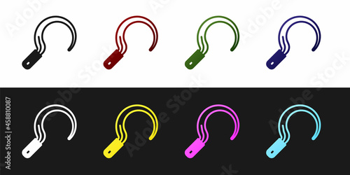 Set Sickle icon isolated on black and white background. Reaping hook sign. Vector