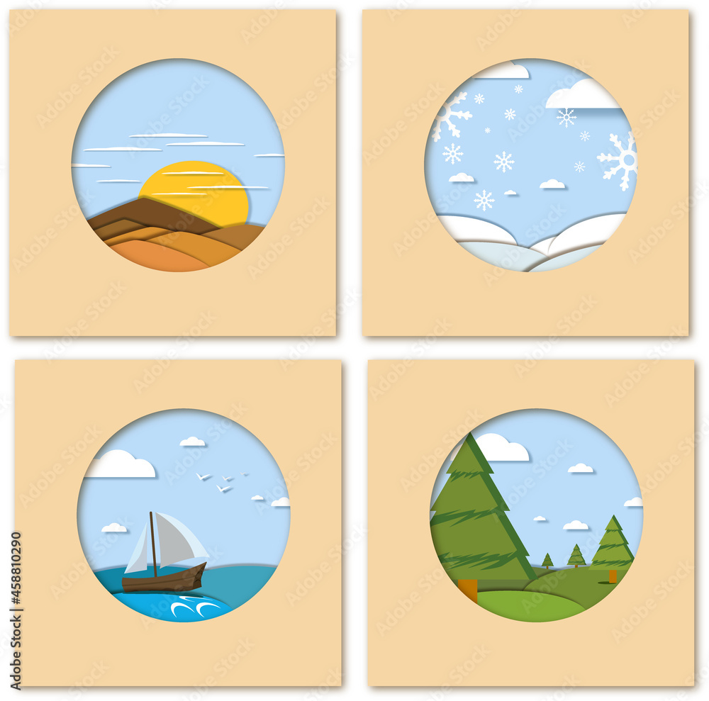 LANDSCAPE VIGNETTE PAPER CUT season, autumn, winter, spring, summer, nice shadows LANDSCAPE VIGNETTE PAPER CUT season, autumn, winter, spring, summer, nice shadows