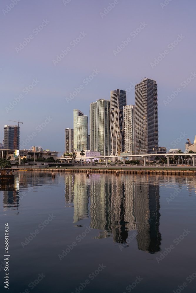downtown Miami Florida  skyline skyscrapers morning sunrise reflections water travel 