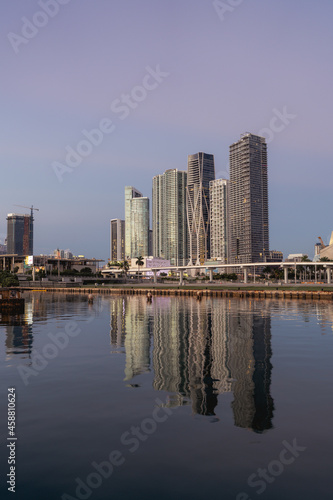 downtown Miami Florida skyline skyscrapers morning sunrise reflections water travel 