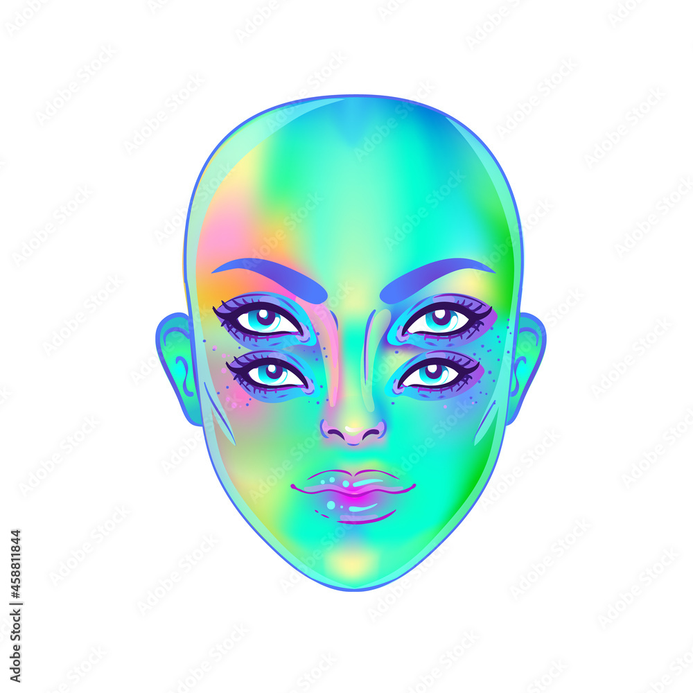 Gothic witch girl head portrait with four eyes. Vector color illustration. Halloween costume idea, tattoo, weird, psychedelic art for print, posters, t-shirts and textiles. Gothic witch girl head portrait with four eyes. Vector color illustration. Halloween costume idea, tattoo, weird, psychedelic art for print, posters, t-shirts and textiles.