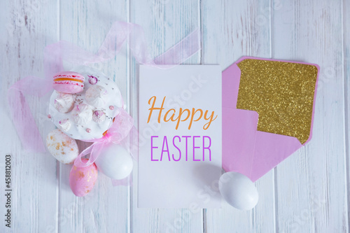 Easter cake, eggs top view. Greeting card for Easter. Postcard for mailing and congratulations to the post office with the Easter holiday