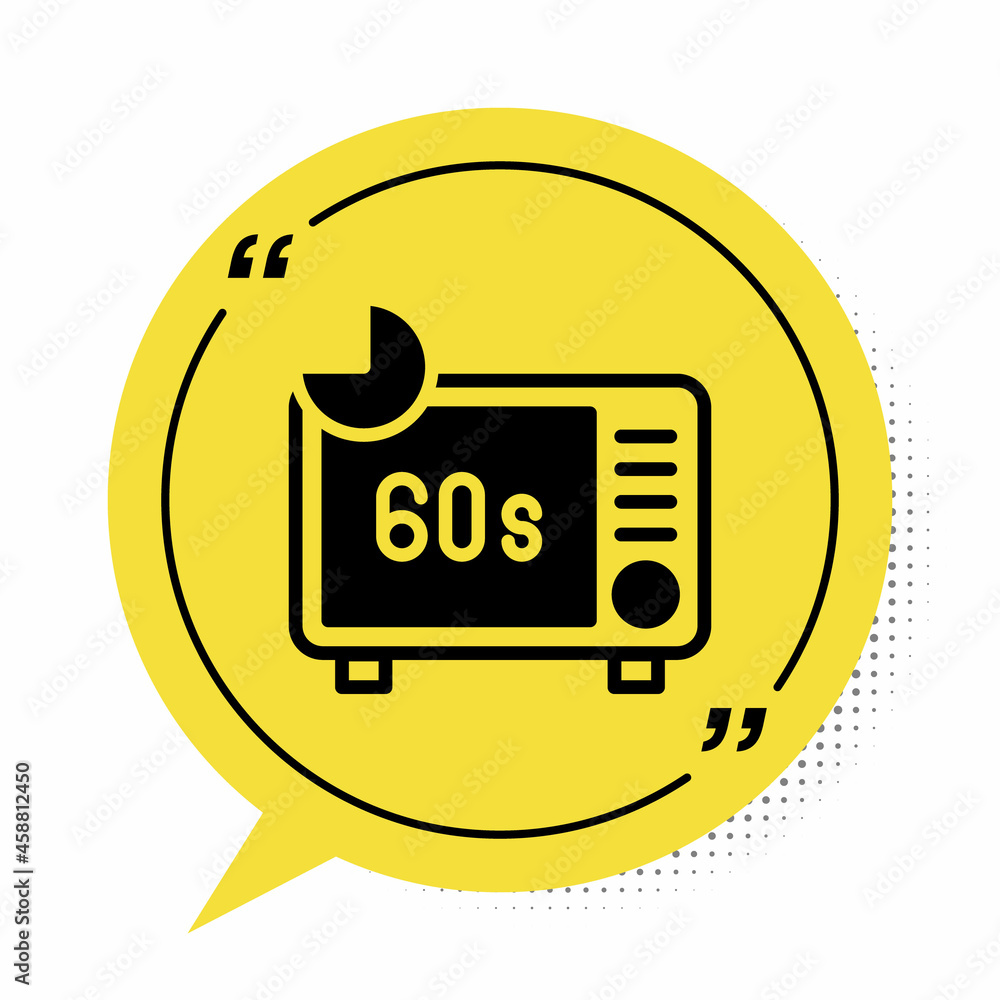 Black Microwave oven icon isolated on white background. Home appliances icon. Yellow speech bubble symbol. Vector Black Microwave oven icon isolated on white background. Home appliances icon. Yellow speech bubble symbol. Vector