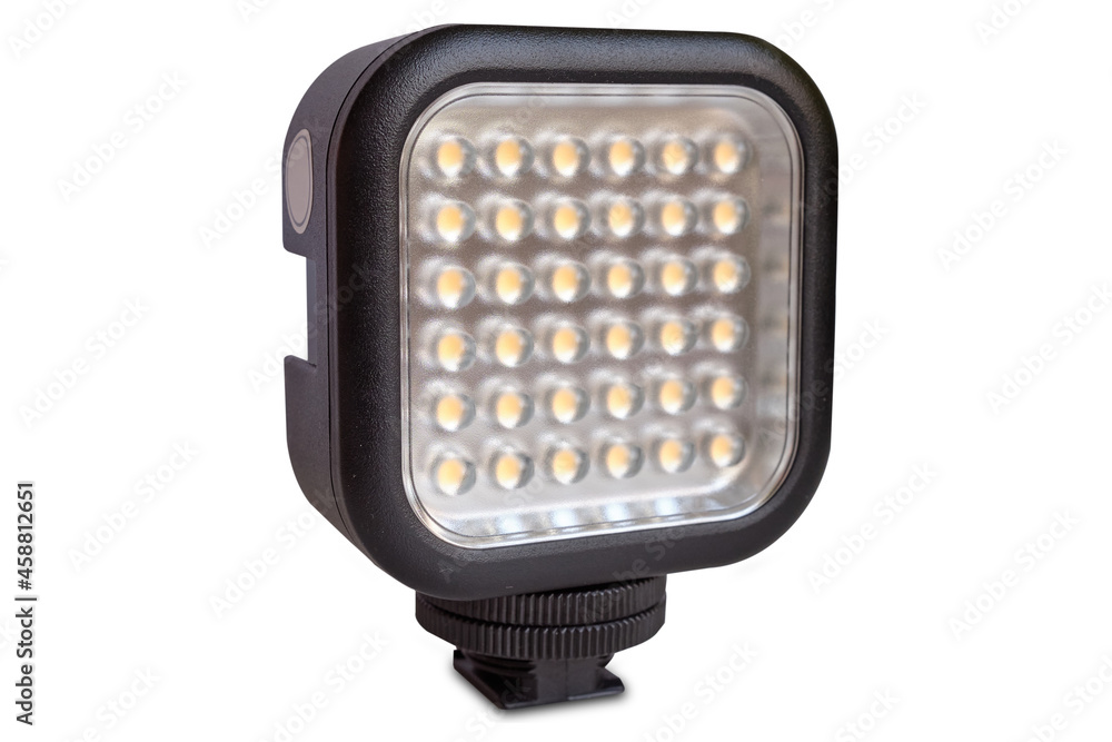 small compact led light for shooting photos and videos. LED flood light isolated on white.