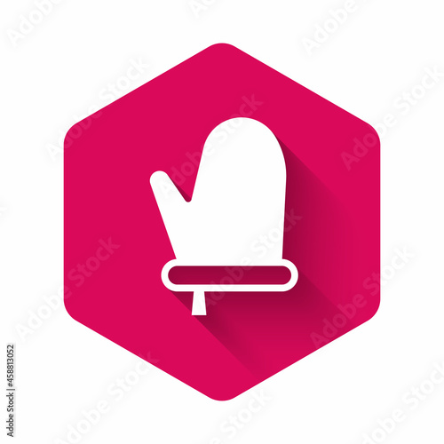 White Oven glove icon isolated with long shadow background. Kitchen potholder sign. Cooking glove. Pink hexagon button. Vector